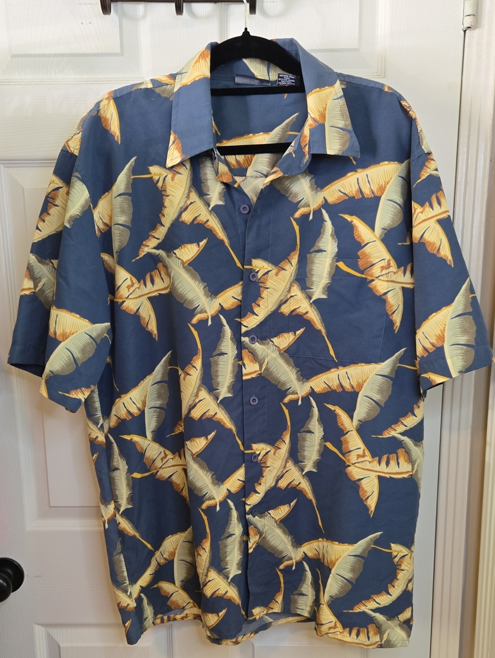 Preview International Blue Tropical Leaf Camp Shirt with Yellow Print